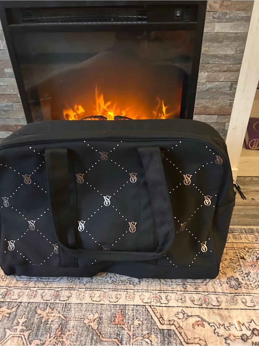 Victoria's Secret Black Quilted Logo large Duffel Bag